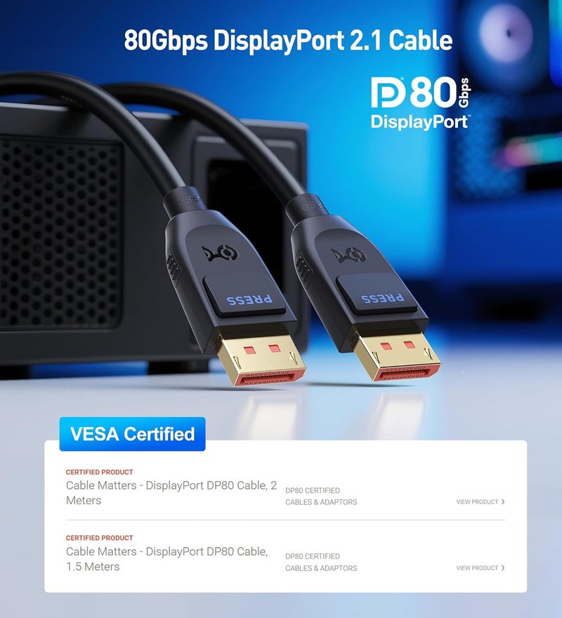 CableMatters [معتمد من VESA] كابل DisplayPort 2.1 بسرعة 80Gbps - 3.3 قدم / 1 متر، كابل DP80 مع دقة 16K 60Hz، 8K 240Hz، 4K 240Hz، FreeSync، G-SYNC و HDR لشاشة الألعاب، الكمبيوتر، RTX 4080/4090، RX 7900، أسود - Image 2